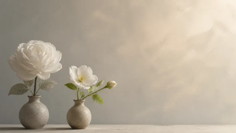柔和光线中两个陶瓶分别插着白色花朵
