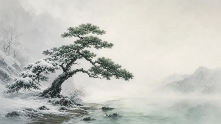 水墨雪山湖畔一棵覆雪青松
