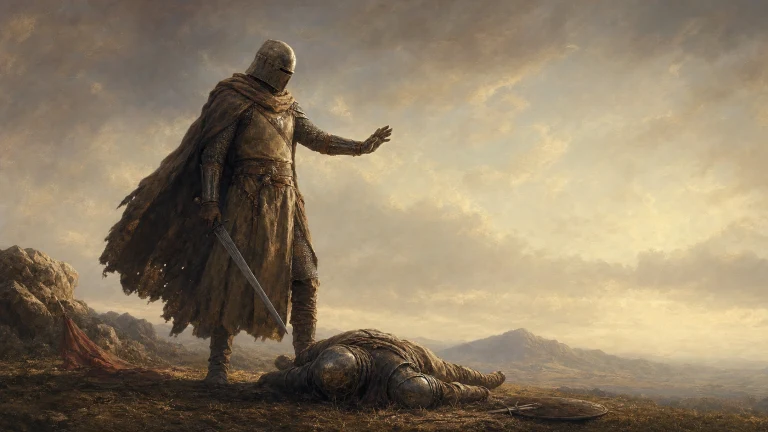 荒野中披斗篷的战士向倒地者伸手