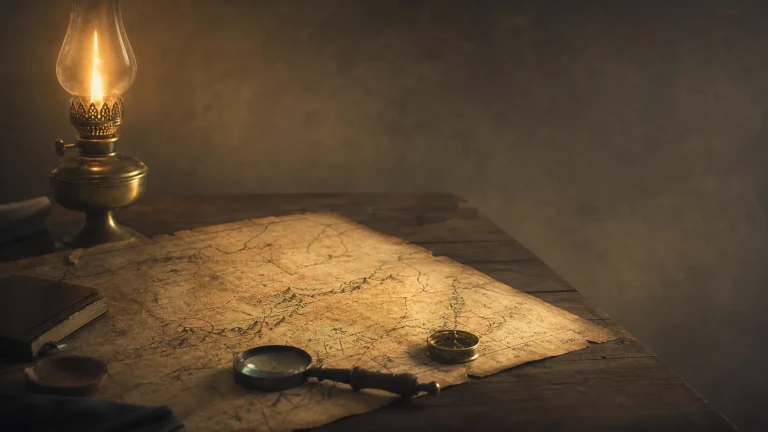 油灯照亮桌上的旧地图与放大镜