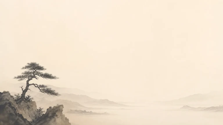 淡墨群山与云雾间崖边的一棵松树