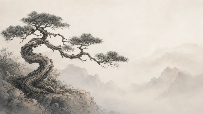 水墨群峰前盘曲生长的苍劲古松