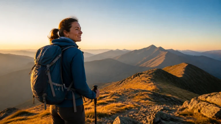 背包女登山者站在金色山脊眺望群峰