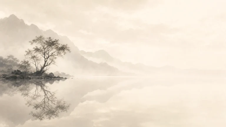 淡墨群山与湖面倒影中的岸边孤树