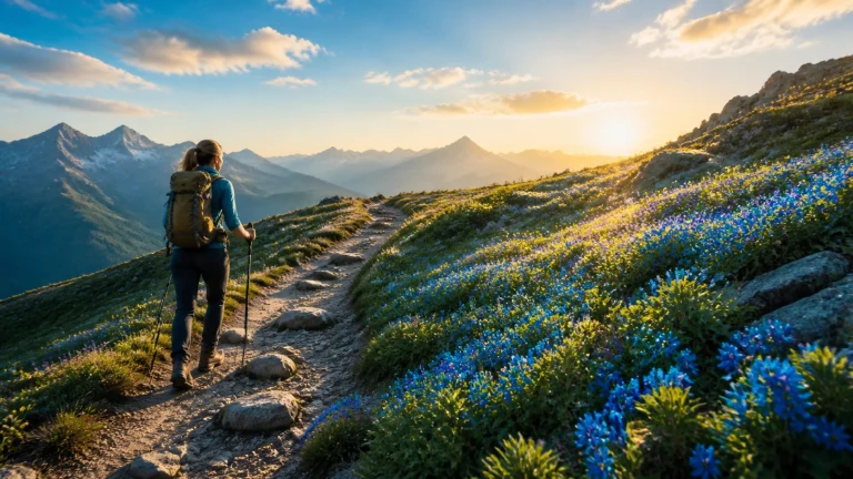 背包登山者沿蓝色花坡走向夕阳群峰