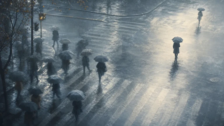 雨天街道上撑伞行人的朦胧倒影