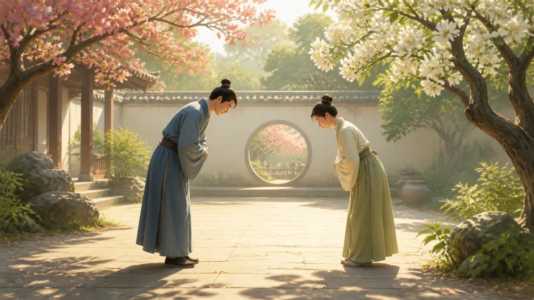 春日庭院中两人相对鞠躬致意