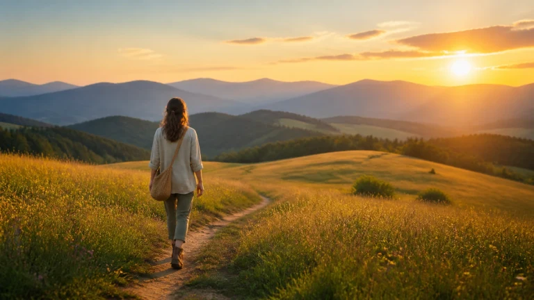 女子沿夕阳草原小路走向远山