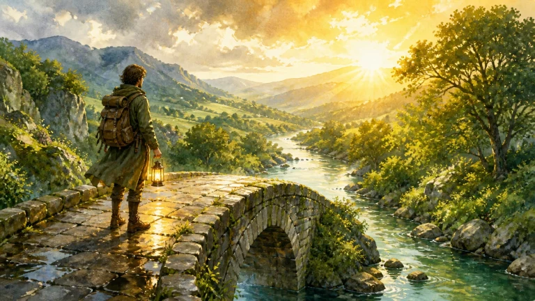 提灯旅人站在石拱桥上眺望河谷晨光