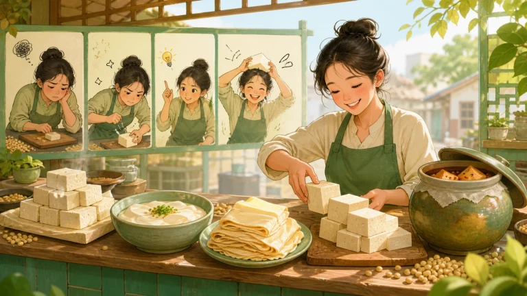 女子在明亮厨房制作豆腐的步骤插画