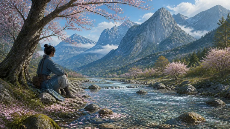 雪山花树下旅人坐在清澈溪流旁