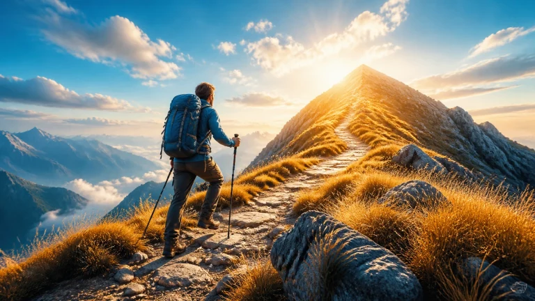 背包登山者持杖走向金色山脊顶峰