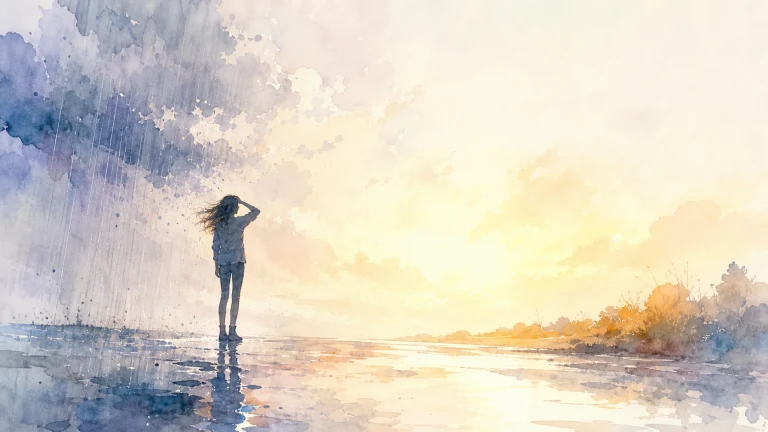 水彩雨幕中一个人望向放晴的远方