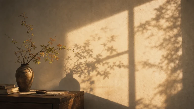 夕阳树影投在墙上与陶瓶花枝相映