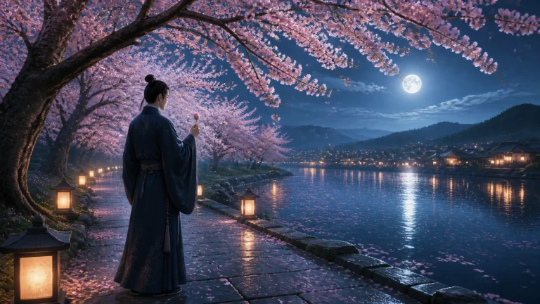月夜樱花湖畔身穿长袍的人静立