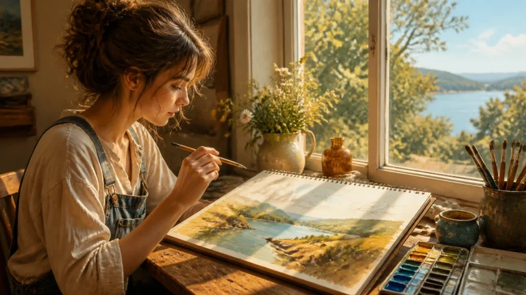 窗边女子用水彩描绘湖山风景