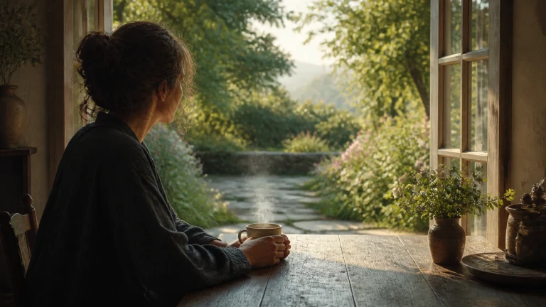 窗边女子捧杯静静眺望花园溪流