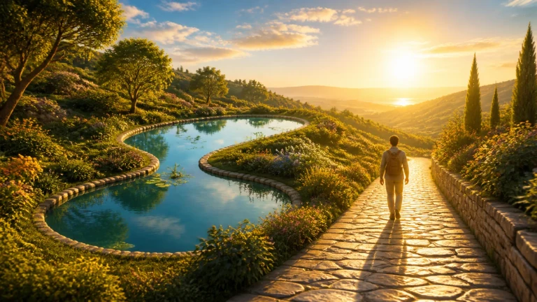 夕阳花园中一人沿环形池塘石径前行