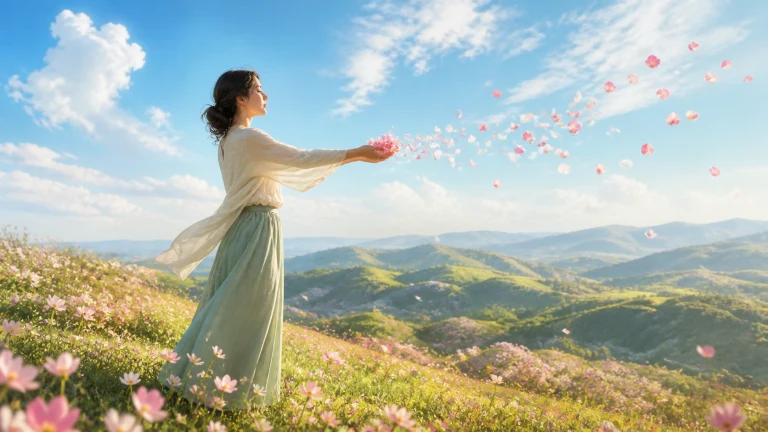 花海山坡上女子将粉色花瓣撒向天空