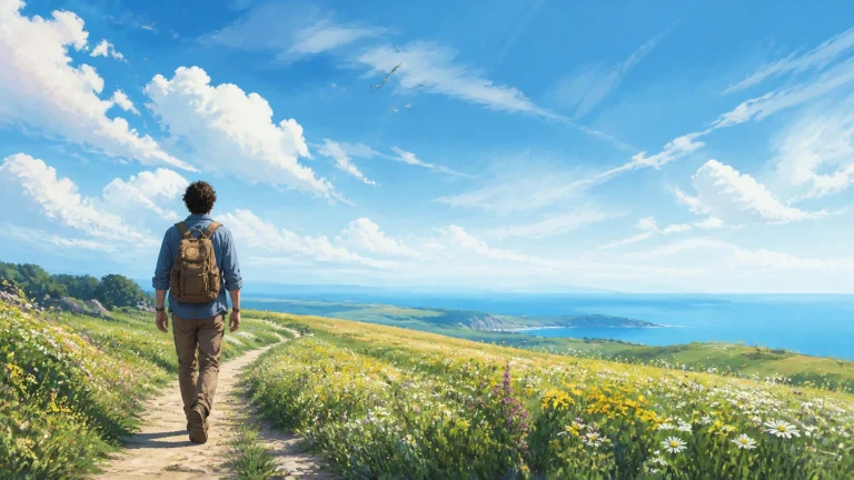 背包旅人沿海边花田小路走向蓝天