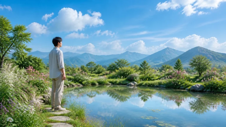 白衣男子站在山景花园池塘旁