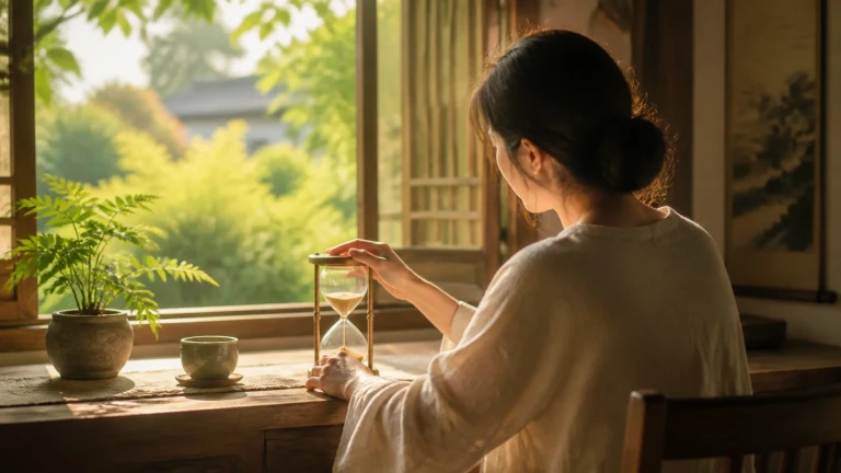 窗边女子轻触桌上的沙漏