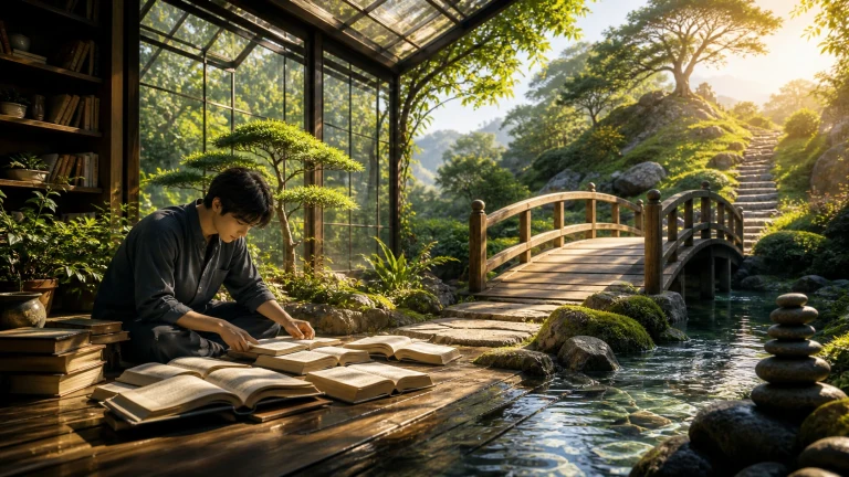 溪水温室里男子伏案翻阅摊开的书