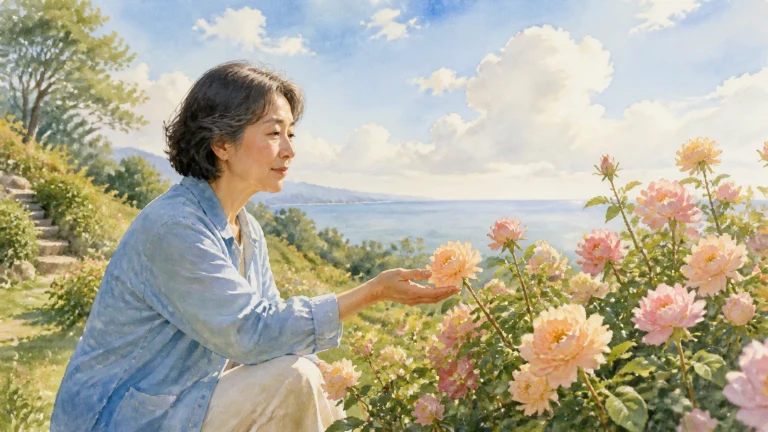 海边花园中灰发女子端详粉色花朵