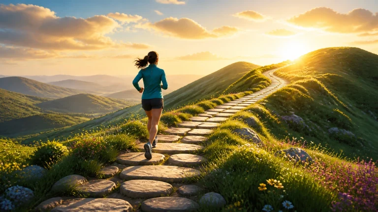 女跑者沿夕阳山脊石路奔向山顶