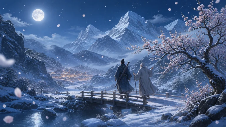 月夜雪山樱花下两名旅人走过木桥