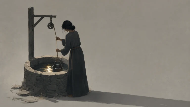 极简画面中女子从石井提起水桶