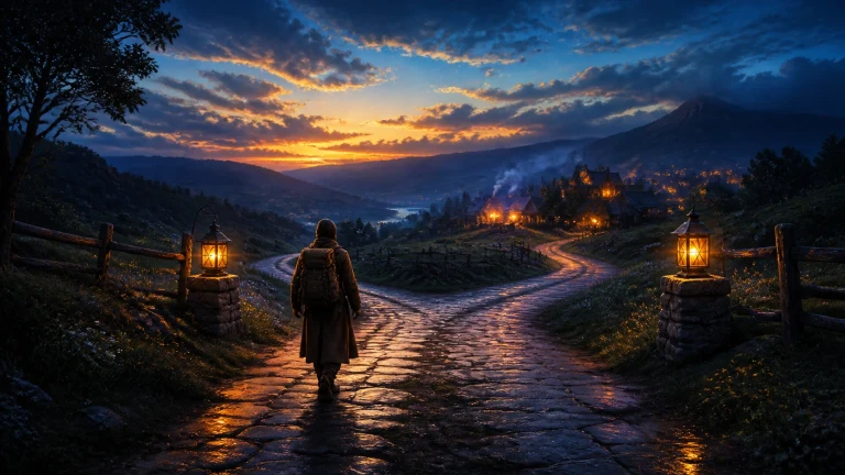 夜色乡间岔路上提包旅人走向灯火村庄