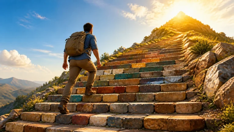 登山者攀登通往金色山顶的彩色石阶