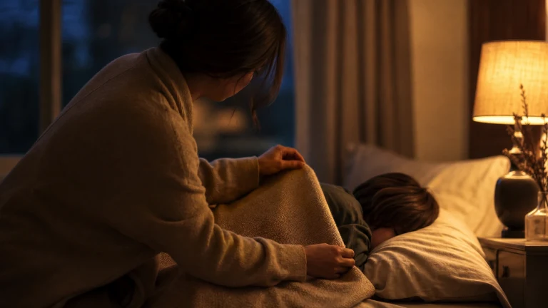 暖灯卧室里女子为熟睡的人盖好毛毯