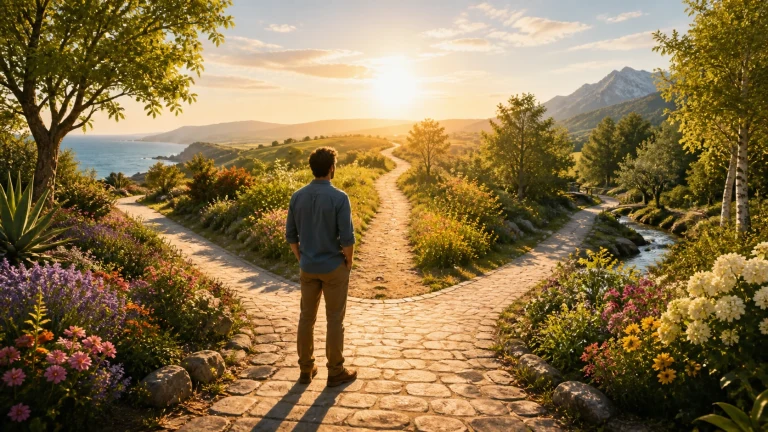 男子站在花园岔路口，望向夕阳下的山海