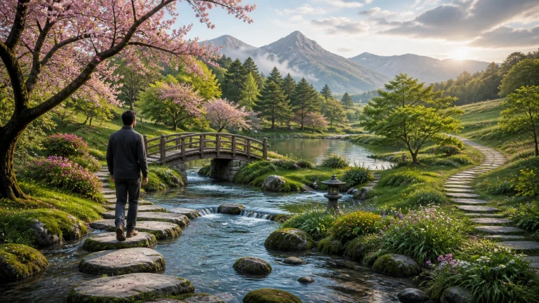 男子踩着溪中石块穿过樱花盛开的山间花园