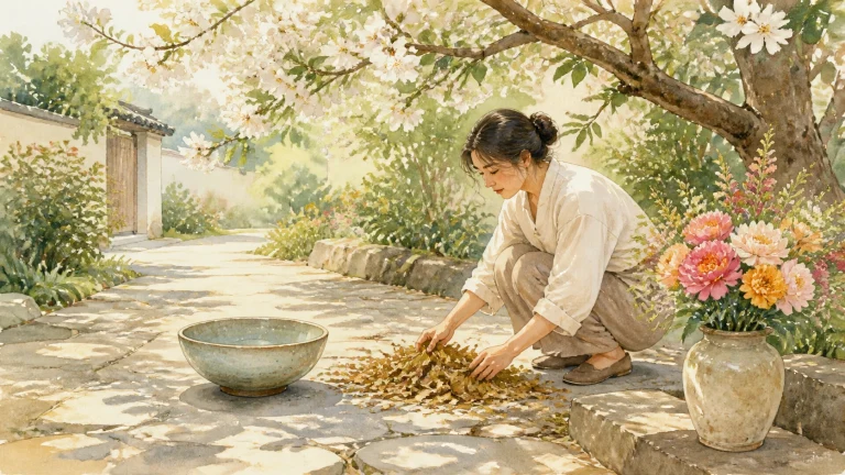 女子在春日庭院树下收拢落叶，旁边摆着花瓶