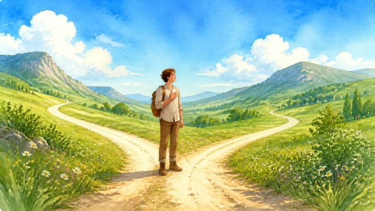 背包旅人在青山草地的岔路口停步远望
