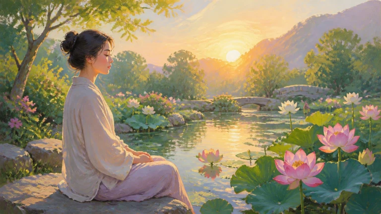 女子静坐在夕阳映照的荷花池畔