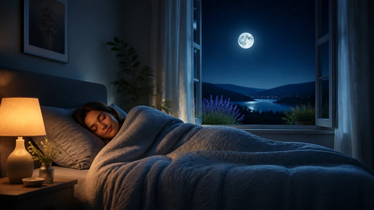 女子在暖灯与月色相伴的卧室里安睡