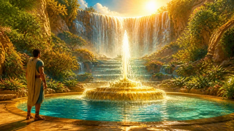 披斗篷的人站在层叠瀑布与金色喷泉前