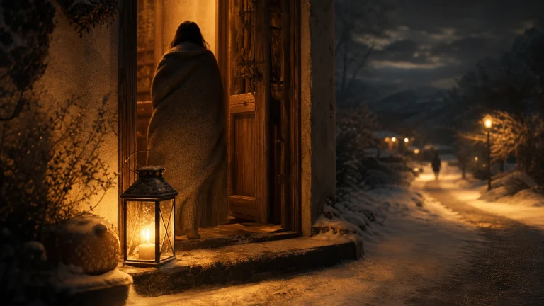 披斗篷的人站在雪夜门口，脚边灯笼照亮道路