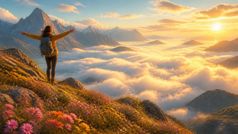 背包旅人站在云海山巅张开双臂迎接日出