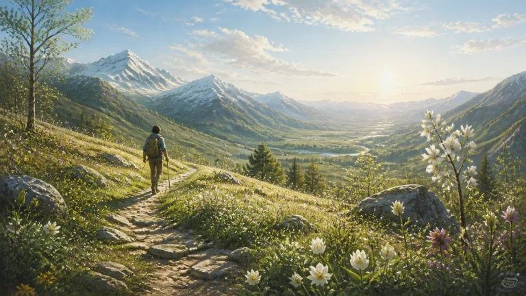 徒步者走在开满白花的高山谷地小径上