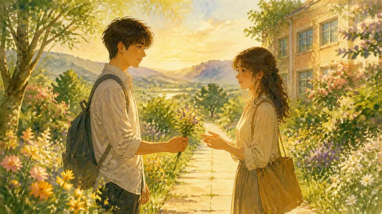 校园花径上青年把一朵小花递给女孩