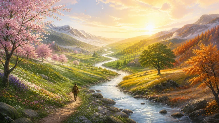 旅人沿贯穿四季山谷的溪流小路走向日出