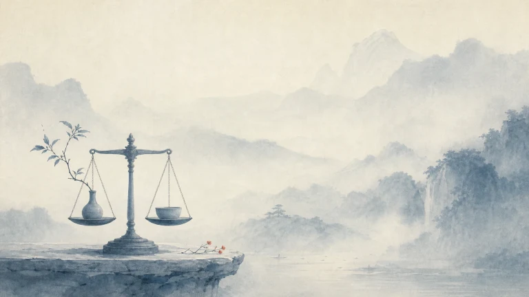 水墨群山与湖面之间，一架天平立在临水石台上