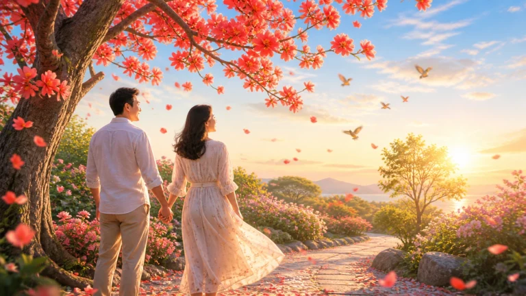 一对男女牵手站在红花树下，望向鸟群与夕阳