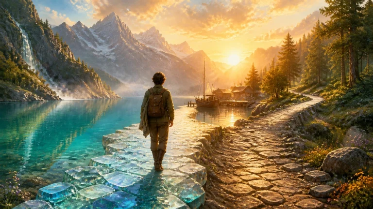 背包旅人站在湖边冰晶路与石路交会处眺望雪山