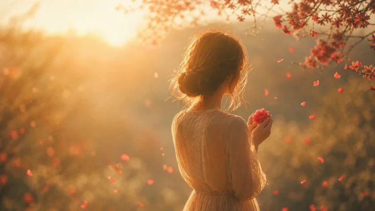 夕阳与飘落花瓣中，女子背对画面捧着红花
